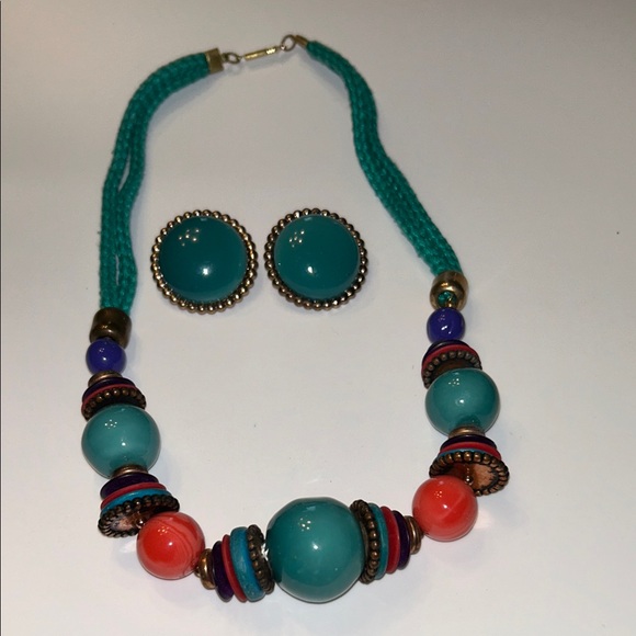 Jewelry - Glazed Ceramic Beads on Knotted Cord Necklace and Matching Earrings Vintage